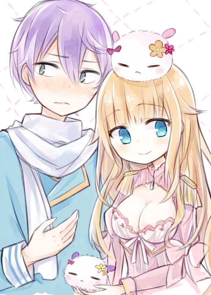 1boy 1girl amakaze_sora beelzebub-jou_no_okinimesu_mama. beelzebub_(beelzebub-jou) black_eyes blonde_hair blue_eyes blush breasts cleavage closed_eyes closed_mouth creature dress epaulettes eyebrows_visible_through_hair flower hair_flaps looking_at_viewer medium_breasts murrin_(beelzebub-jou) nose_blush purple_hair scarf short_hair sketch wavy_mouth white_background white_scarf