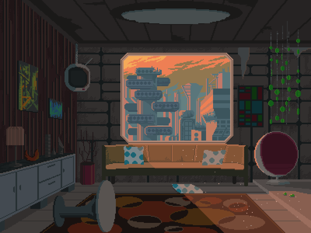 apartment beads building ceiling chair cityscape clouds cloudy_sky couch desk evening indoors interior kldpxl lamp no_humans orange_sky original painting_(object) pillow pixel_art plant post-apocalypse rug ruins science_fiction sculpture sky skyscraper table television tower window