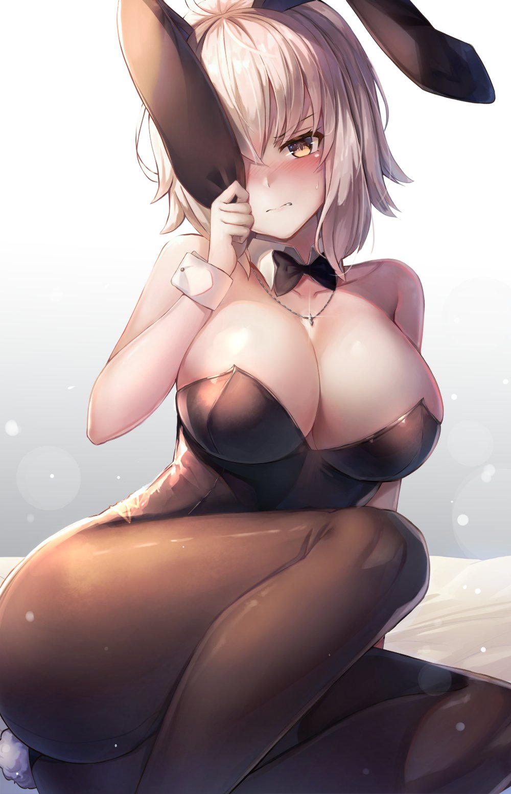 1girl animal_ears arm_support bangs bare_shoulders black_legwear black_leotard blush breasts bunny_tail bunnysuit cleavage clenched_teeth collarbone covering_one_eye curvy detached_collar ear_tug eyebrows_visible_through_hair fate/grand_order fate_(series) glint highres jeanne_d'arc_(alter)_(fate) jeanne_d'arc_(fate)_(all) jewelry large_breasts leotard looking_at_viewer motokonut necklace pantyhose rabbit_ears reclining short_hair sidelocks silver_hair skindentation solo sweatdrop tail teeth wrist_cuffs yellow_eyes