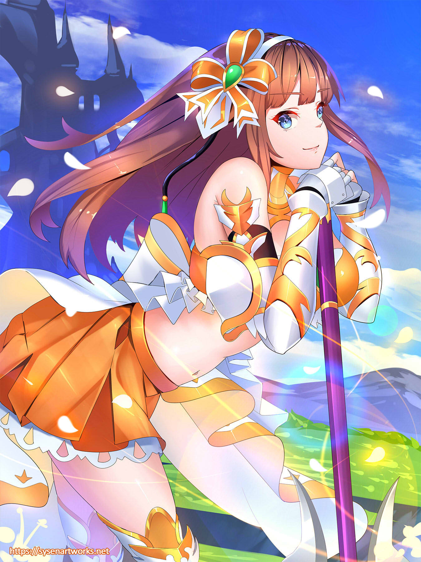 1girl bent_over blue_eyes bow breasts brown_hair day dragalia_lost eyebrows_visible_through_hair fingerless_gloves gauntlets gloves gorget hair_bow hairband highres julietta_(dragalia_lost) large_breasts long_hair midriff navel orange_skirt outdoors pauldrons petals planted_weapon pleated_skirt skirt smile solo sysen thigh-highs weapon