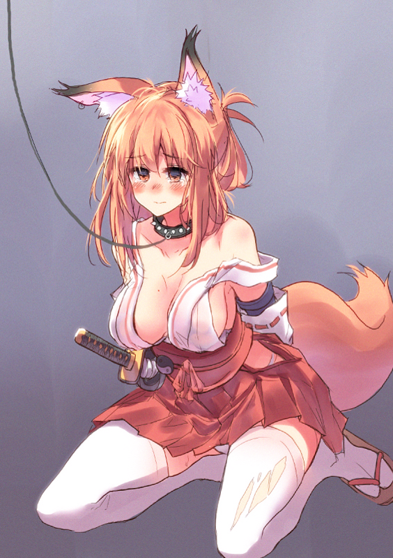 1girl animal_ear_fluff animal_ears bangs bare_shoulders blush bound bound_wrists breasts closed_mouth collar collarbone commentary_request detached_sleeves eyebrows_visible_through_hair fox_ears fox_girl fox_tail hip_vent japanese_clothes kneeling large_breasts leash long_hair mole mole_on_breast obi off_shoulder orange_hair original panties red_skirt ribbon sandals sash sawaya_(mizukazu) side-tie_panties sideboob simple_background skirt smile solo spiked_collar spikes sword tabi tail tearing_up thigh-highs tied_hair underwear weapon white_legwear white_panties yellow_eyes yin_yang