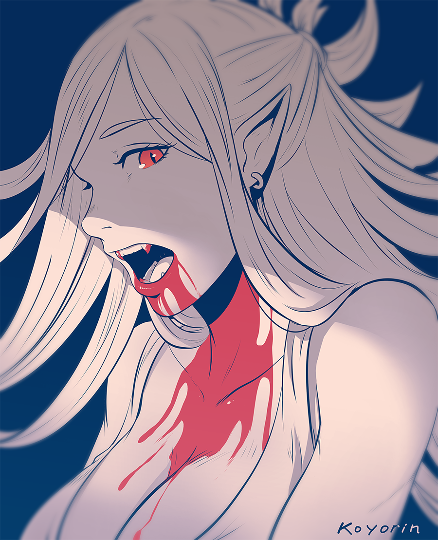 1girl artist_name bare_shoulders blood blood_from_mouth blood_on_chest blood_on_face breasts cleavage earrings fangs half_updo jewelry koyorin large_breasts long_hair looking_at_viewer looking_to_the_side monochrome open_mouth original pointy_ears red_eyes tank_top vampire