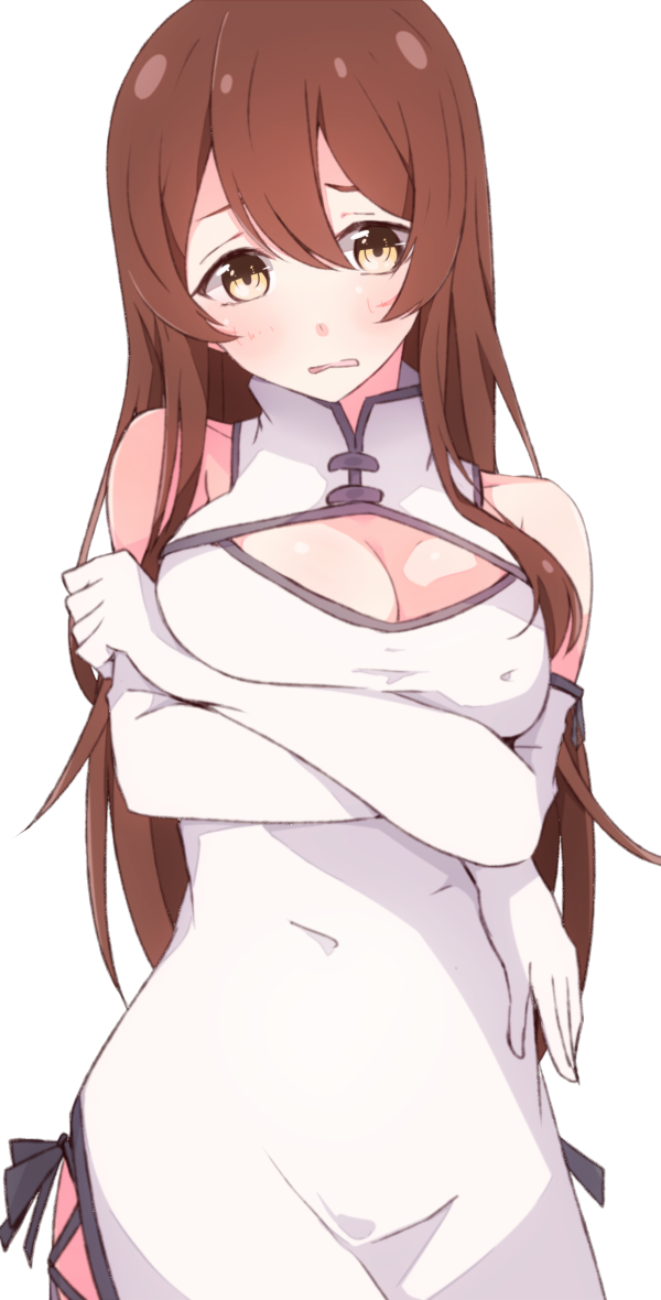 1girl arms_under_breasts bangs bare_shoulders blush breast_hold breasts brown_eyes brown_hair china_dress chinese_clothes cleavage cleavage_cutout dress elbow_gloves enelis gloves hair_between_eyes head_tilt idolmaster idolmaster_shiny_colors large_breasts long_hair oosaki_tenka parted_lips simple_background sleeveless sleeveless_dress solo very_long_hair white_background white_dress white_gloves