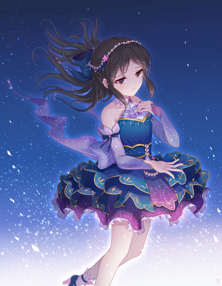 1girl bangs bare_shoulders black_eyes black_hair blue_bow blush bow detached_sleeves dress dress_bow frilled_dress frills hair_bow hair_ornament hand_on_own_chest idol idolmaster idolmaster_cinderella_girls idolmaster_cinderella_girls_starlight_stage long_hair moai_(aoh) open_palm pearl pearl_hair_ornament tachibana_arisu