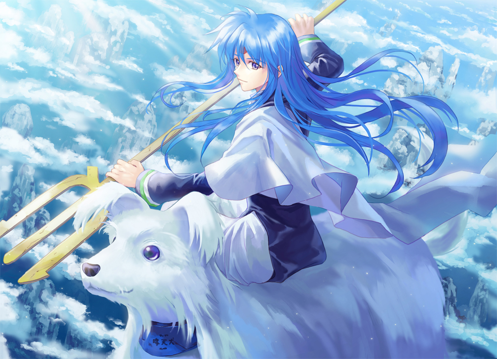 1boy animal bangs blue_eyes blue_hair clouds dog facial_mark flying forehead_mark hair_between_eyes holding holding_weapon houshin_engi light_smile long_hair male_focus moai_(aoh) mountain polearm sitting sky solo trident weapon youzen