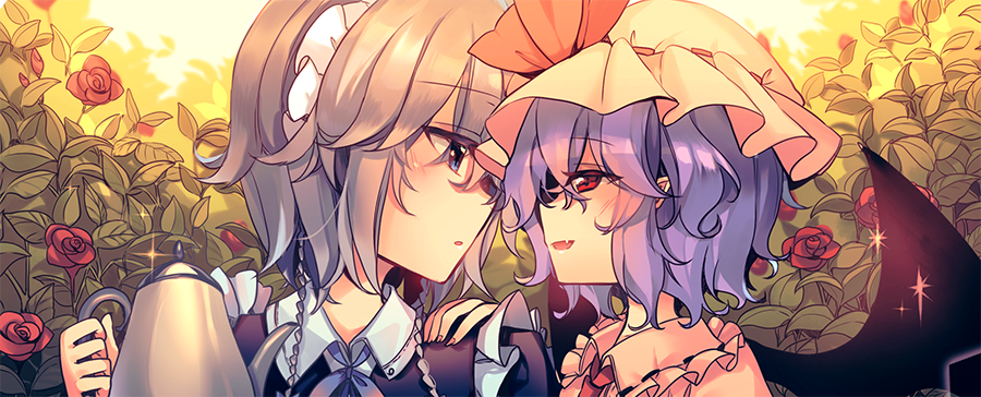 2girls ascot bangs bat_wings blue_bow blue_dress blue_eyes blue_hair blue_neckwear blue_ribbon blush bow braid commentary_request dress eye_contact eyebrows_visible_through_hair eyes_visible_through_hair fang flower frilled_shirt_collar frills hair_between_eyes hair_bow hand_on_another's_shoulder hand_up hat hat_ribbon holding holding_teapot izayoi_sakuya kirero leaf looking_at_another maid maid_headdress mob_cap multiple_girls nail_polish neck_ribbon outdoors parted_lips pink_dress pink_hat pink_nails pointy_ears portrait red_eyes red_flower red_neckwear red_ribbon red_rose remilia_scarlet ribbon ribbon-trimmed_collar ribbon_trim rose short_hair silver_hair sparkle teapot touhou twin_braids wing_collar wings yuri