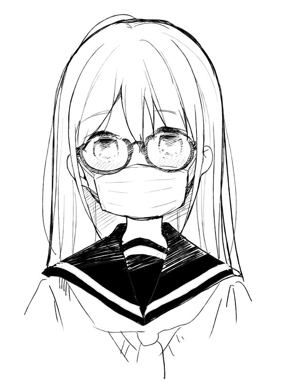 1girl bangs blush commentary_request eyebrows_visible_through_hair glasses greyscale hair_between_eyes long_hair meito_(maze) monochrome neckerchief original sailor_collar school_uniform semi-rimless_eyewear serafuku simple_background solo surgical_mask sweater under-rim_eyewear upper_body white_background