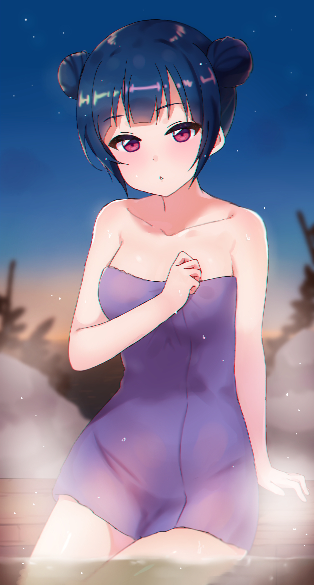 1girl alternate_hairstyle bangs bare_shoulders blue_hair chromatic_aberration clenched_hand collarbone double_bun eyebrows_visible_through_hair hair_up hand_on_own_chest highres looking_at_viewer love_live! love_live!_sunshine!! naked_towel night onsen outdoors parted_lips sellel sitting soaking_feet solo towel tsushima_yoshiko violet_eyes wet