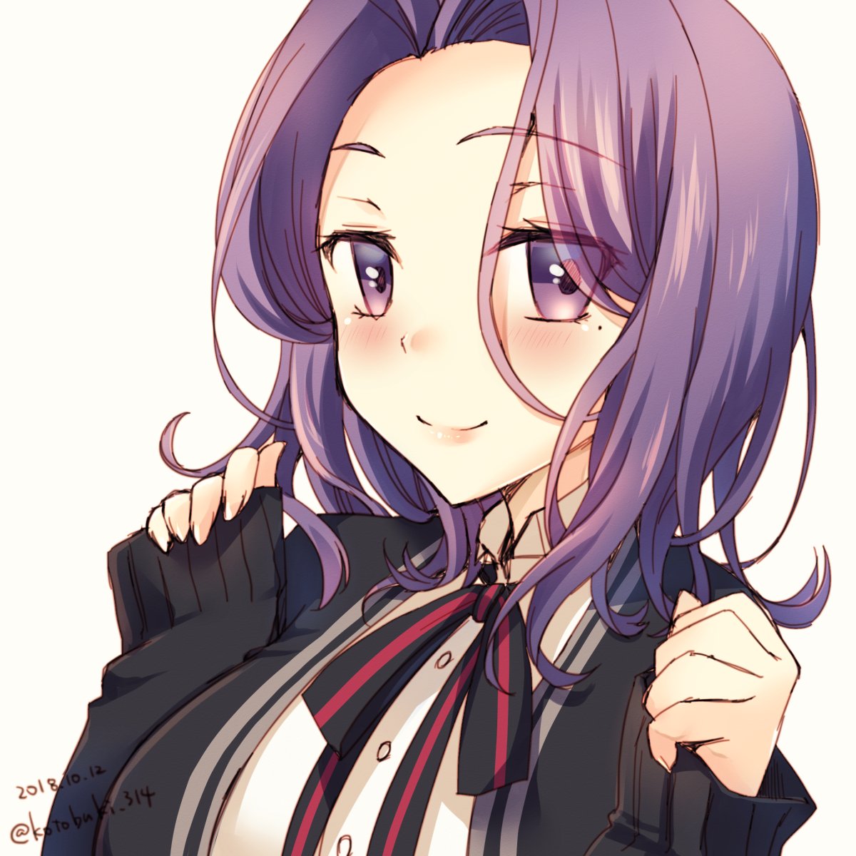 1girl artist_name blush closed_mouth dated eyebrows_visible_through_hair highres kantai_collection kotobuki_(momoko_factory) long_sleeves looking_at_viewer mole mole_under_eye purple_hair short_hair simple_background sleeves_past_wrists smile solo tatsuta_(kantai_collection) twitter_username upper_body violet_eyes white_background