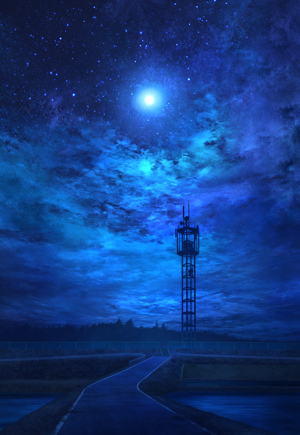 blue_sky chain-link_fence clouds cloudy_sky fence guard_rail highres mks moon night night_sky no_humans original outdoors road scenery sky stairs star_(sky) starry_sky tree