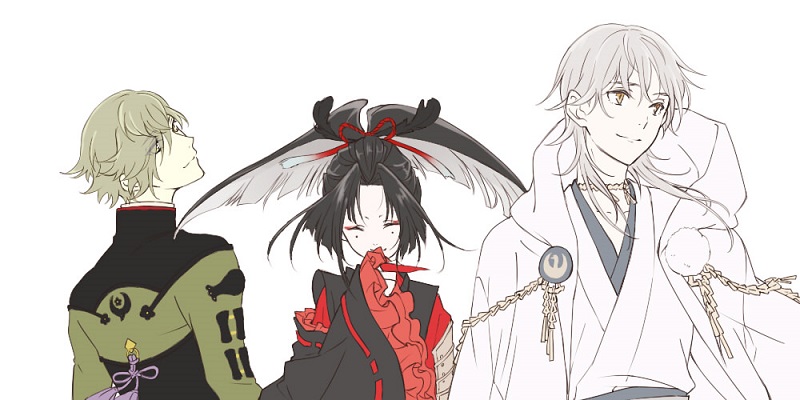 3boys ^_^ black_hair closed_eyes closed_eyes eyes_visible_through_hair feathers green_eyes green_hair hair_feathers hair_over_one_eye hood japanese_clothes kogarasumaru_(touken_ranbu) male_focus multiple_boys pom_pom_(clothes) ponytail smile touken_ranbu tsurumaru_kuninaga uguisumaru white_hair yamazaki_mitsuko yellow_eyes