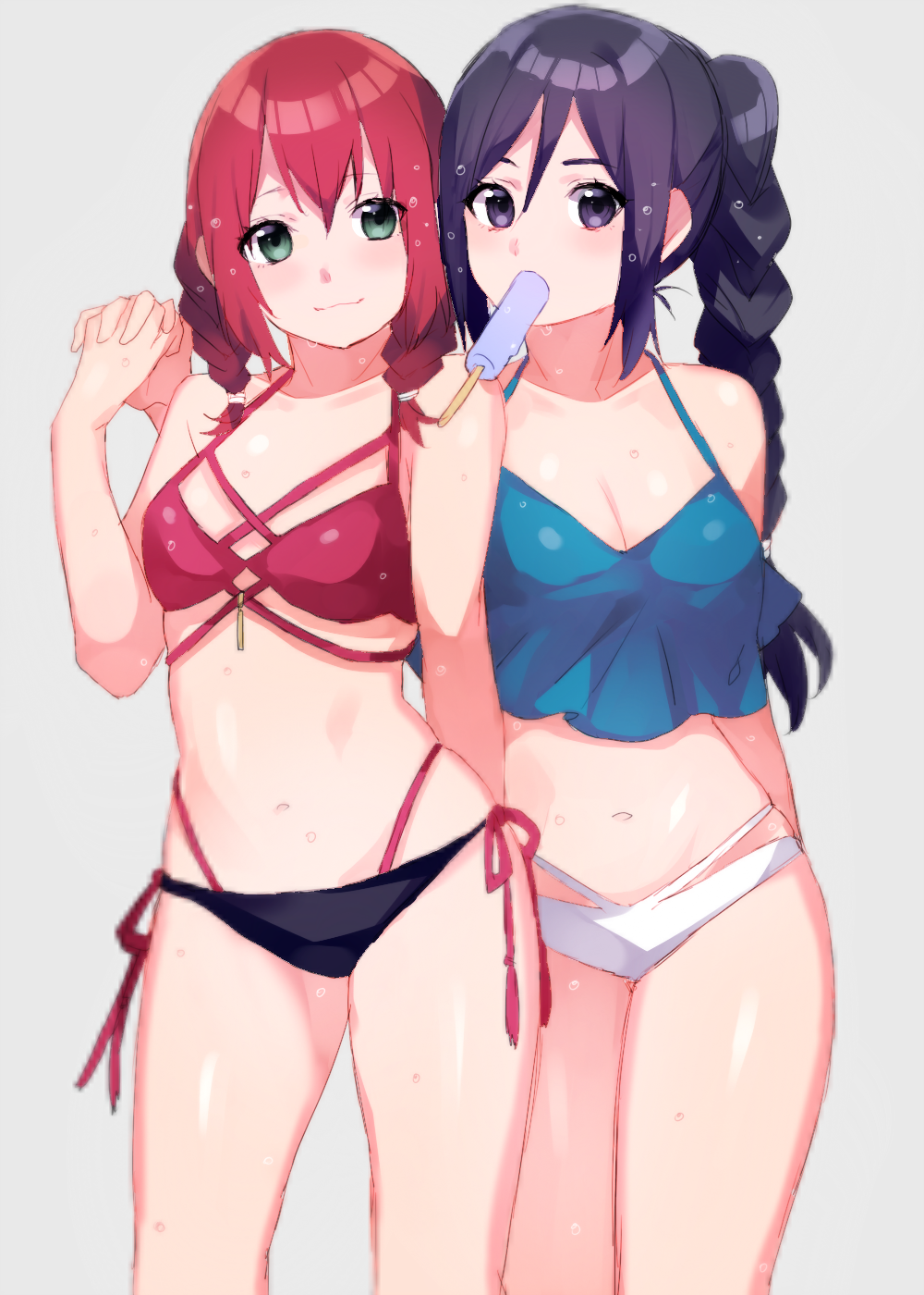 2girls alternate_hairstyle aqua_eyes bare_legs bare_shoulders bikini blue_hair braid braided_ponytail breasts cleavage food food_in_mouth hand_holding highres kurosawa_ruby large_breasts long_hair love_live! love_live!_sunshine!! low_twintails mashiro_(rikuya) matsuura_kanan multiple_girls navel ponytail popsicle redhead ribbon side-tie_bikini smile swimsuit twin_braids twintails violet_eyes