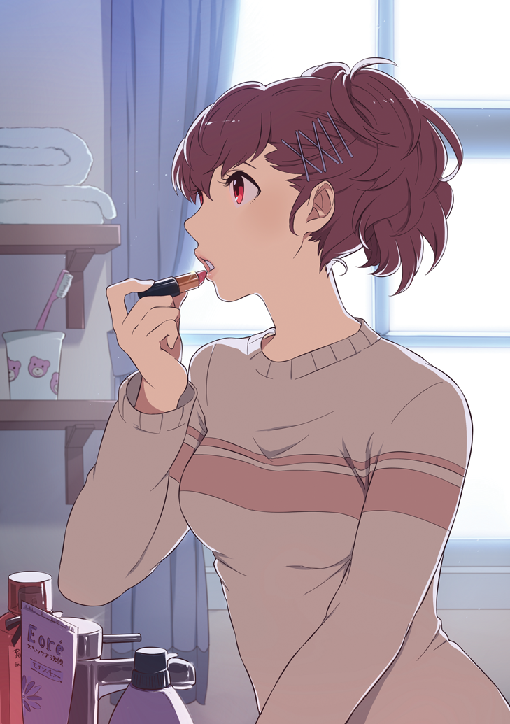1girl ai-wa animal_print applying_makeup atlus backlighting bad_revision bangs bear_print beige_sweater bloom brown_hair cosmetics cup curtains female_protagonist_(persona_3) hair_ornament hair_strand hairpin indoors lipstick lipstick_tube long_sleeves lossy_revision makeup megami_tensei nape open_mouth persona persona_3 persona_3_portable ponytail red_eyes shelf shiomi_kotone solo sweater toothbrush towel upper_body window x_hair_ornament