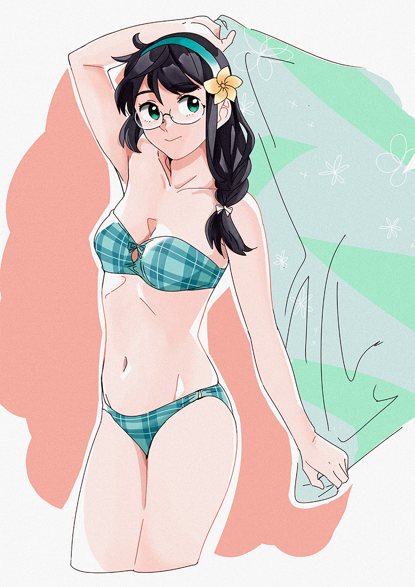 1girl :&gt; aqua_bikini arms_up bikini black_hair breasts commentary_request cowboy_shot cropped_legs film_grain flower green_eyes groin hair_flower hair_ornament hair_over_shoulder hairband kantai_collection long_hair looking_at_viewer multicolored_towel navel o-ring o-ring_top ojipon ooyodo_(kantai_collection) plaid plaid_bikini ribs semi-rimless_eyewear small_breasts solo strapless strapless_bikini swimsuit under-rim_eyewear white_background