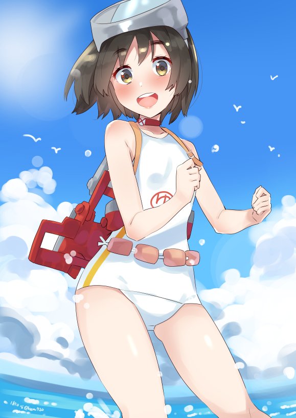 1girl bangs black_hair blue_sky brown_eyes clouds cowboy_shot day diving_mask diving_mask_on_head kantai_collection looking_at_viewer maru-yu_(kantai_collection) outdoors parted_bangs school_swimsuit short_hair sky solo standing swimsuit tonari_no_kai_keruberosu white_school_swimsuit white_swimsuit