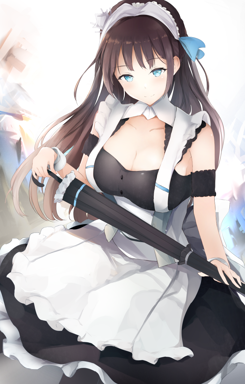 1girl apron azur_lane bangs blue_eyes blush breasts brown_hair cleavage closed_umbrella collarbone dress eyebrows_visible_through_hair frills hair_ornament hairband highres holding holding_umbrella long_hair looking_at_viewer maid medium_breasts neofreet newcastle_(azur_lane) remodel_(azur_lane) ribbon smile solo umbrella wrist_cuffs