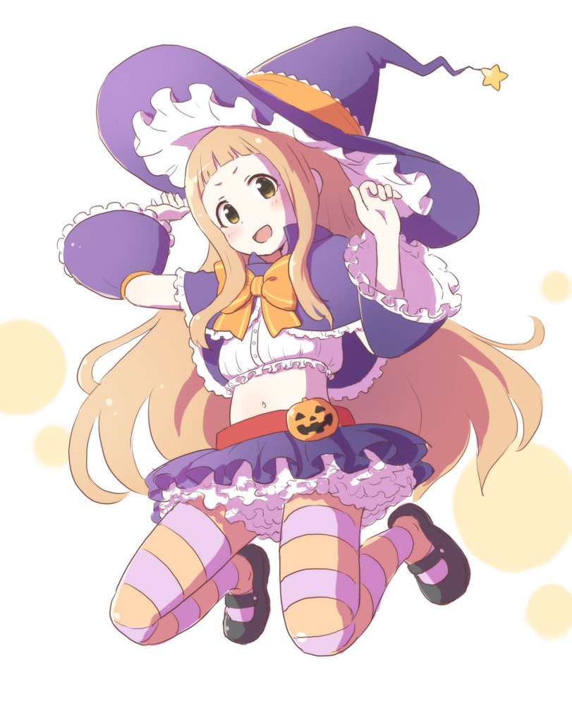 1girl artist_request breasts character_request dress halloween hat long_hair pantyhose pumpkin skirt small_breasts solo third-party_source witch_hat