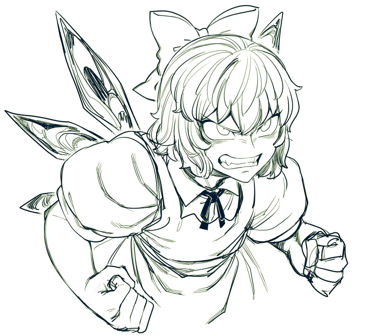 angry bow cirno fangs hair_bow ice ice_wings monochrome puffy_short_sleeves puffy_sleeves ribbon short_hair short_sleeves sketch space_jin strong touhou white_background wings