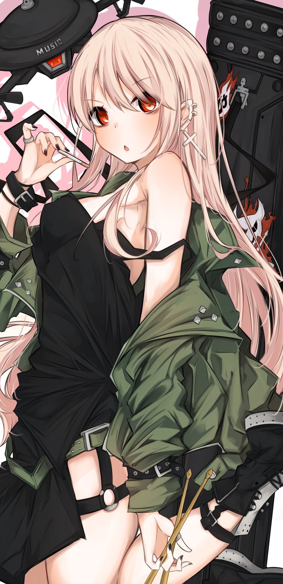 1girl 7:08 armpits bags_under_eyes bangs bare_shoulders belt_buckle black_footwear black_nails blush boots breasts buckle chestnut_mouth cigarette colored_eyelashes commentary_request cross cross_earrings dress drumsticks ear_piercing earrings eyebrows_visible_through_hair fingernails from_side girls_frontline green_belt green_jacket hair_between_eyes hand_up head_tilt highres holding holding_cigarette holding_drumsticks jacket jewelry light_brown_hair long_hair long_sleeves looking_at_viewer looking_to_the_side medium_breasts nail_polish o-ring off_shoulder parted_lips piercing pointy_ears red_eyes ring sleeveless sleeveless_dress solo strap_slip type_80_(girls_frontline) very_long_hair