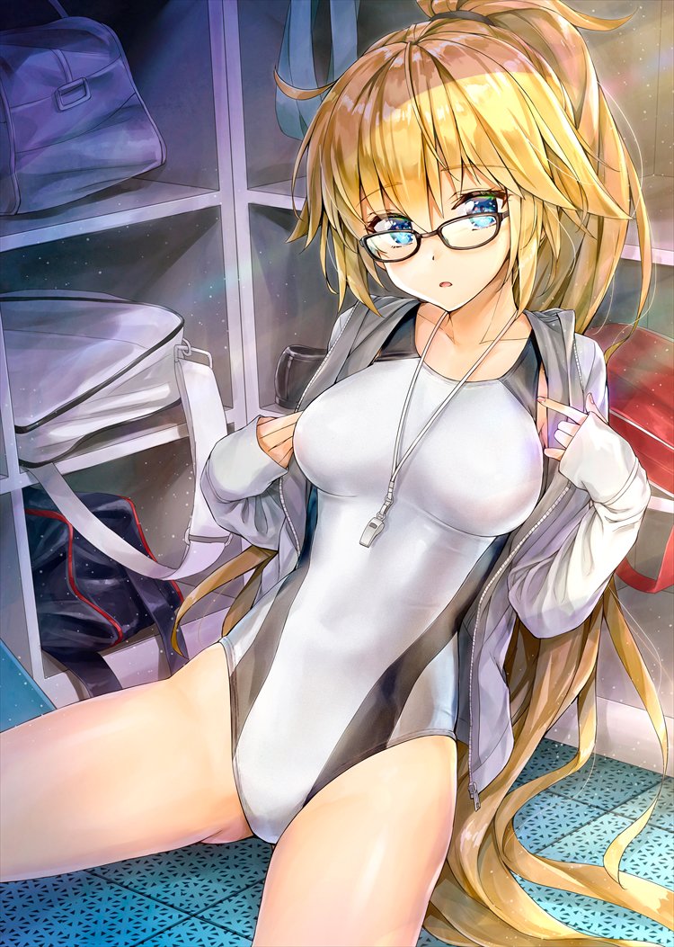 1girl bag bangs blonde_hair blue_eyes commentary competition_swimsuit fate/grand_order fate_(series) glasses hair_tie jacket jacket_on_shoulders jacket_over_swimsuit jeanne_d'arc_(alter)_(fate) jeanne_d'arc_(fate) jeanne_d'arc_(fate)_(all) kotatsu_(kotatsu358) light_particles light_rays locker locker_room looking_at_viewer nail_polish one-piece_swimsuit open_mouth ponytail sitting sitting_on_floor swimsuit whistle white_swimsuit