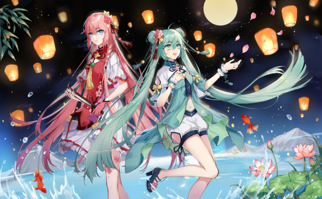 2girls :d ahoge blue_eyes blue_hair double_bun dress eyebrows_visible_through_hair floating_hair flower full_moon hair_between_eyes hair_flower hair_ornament hair_ribbon hatsune_miku high_heels holding kongxin_dian lantern long_hair looking_at_viewer megurine_luka midriff moon multiple_girls navel night open_mouth outdoors paper_lantern pink_flower pink_hair red_ribbon ribbon shiny shiny_hair short_shorts short_sleeves shorts sky smile standing star_(sky) starry_sky stomach twintails very_long_hair vocaloid water white_dress white_shorts wrist_cuffs