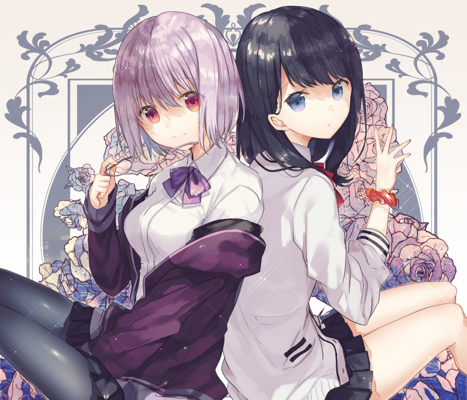 2girls bangs between_legs black_hair black_skirt blue_eyes blush bow breasts cardigan closed_mouth collared_shirt commentary_request eyebrows_visible_through_hair eyewear_on_head flower grey_legwear hair_between_eyes hand_between_legs hand_up head_tilt holding holding_eyewear kazutake_hazano long_hair long_sleeves medium_breasts miniskirt multiple_girls off_shoulder pantyhose pink-framed_eyewear pink_hair pleated_skirt purple_bow purple_cardigan red_bow red_eyes red_scrunchie rose scrunchie semi-rimless_eyewear shinjou_akane shirt short_hair sitting skirt sleeves_past_wrists smile ssss.gridman takarada_rikka under-rim_eyewear white_cardigan white_shirt wrist_scrunchie