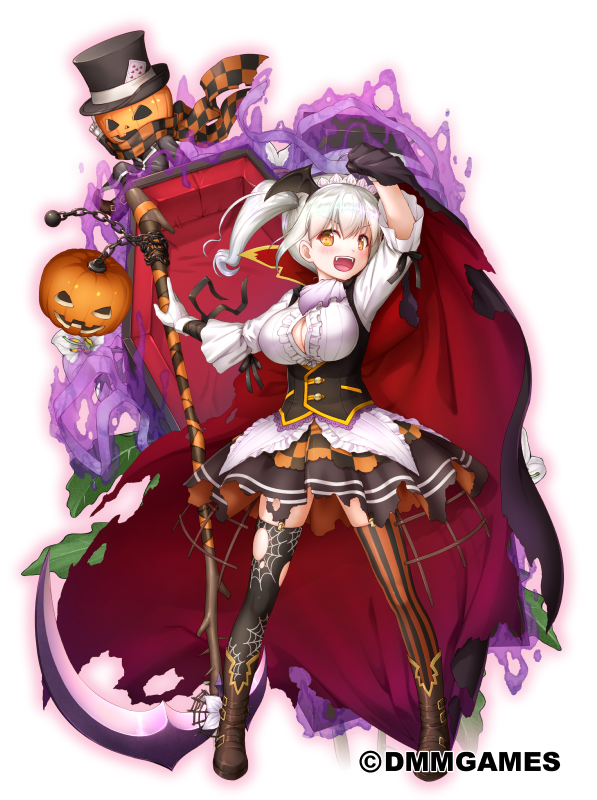 1girl :d black_hat black_skirt breasts brown_footwear cape cleavage coffin flower_knight_girl full_body gloves halloween hat jack-o'-lantern large_breasts leaf legs_apart looking_at_viewer mismatched_legwear nakaishow official_art open_mouth orange_eyes pumpkin scythe shoes short_hair side_ponytail simple_background skirt smile solo standing striped striped_legwear thigh-highs top_hat torn_clothes torn_thighhighs vertical-striped_legwear vertical_stripes warunasubi_(flower_knight_girl) white_background white_gloves white_hair