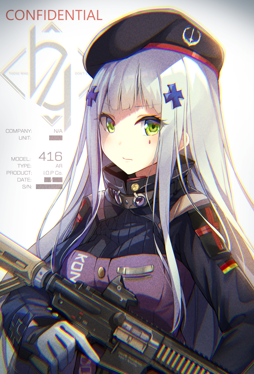 1girl assault_rifle bangs beret blunt_bangs blush breasts character_name closed_mouth eyebrows_visible_through_hair facial_mark girls_frontline gloves green_eyes gun hair_ornament hat heckler_&amp;_koch highres hk416 hk416_(girls_frontline) holding holding_gun holding_weapon jacket long_hair looking_at_viewer medium_breasts rifle silver_hair solo teardrop very_long_hair weapon yuuki_yuu