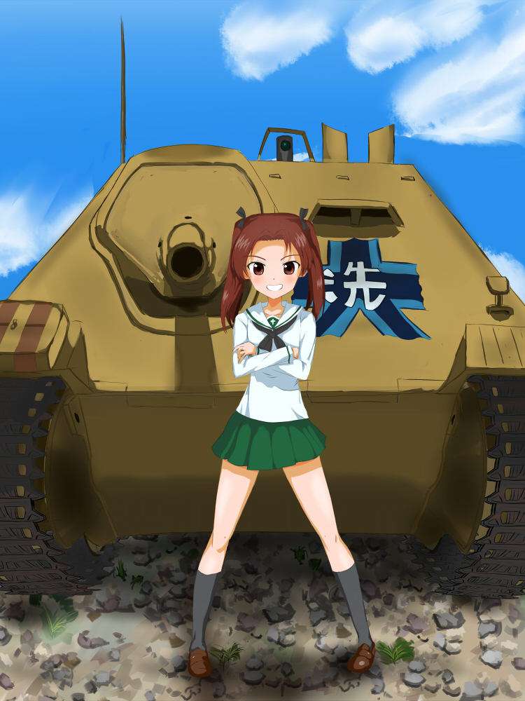 1girl artist_request caterpillar_tracks clouds day emblem girls_und_panzer grin ground_vehicle jagdpanzer_38(t) kadotani_anzu looking_at_viewer military military_vehicle motor_vehicle ooarai_(emblem) ooarai_school_uniform sky smile tank tank_destroyer teeth