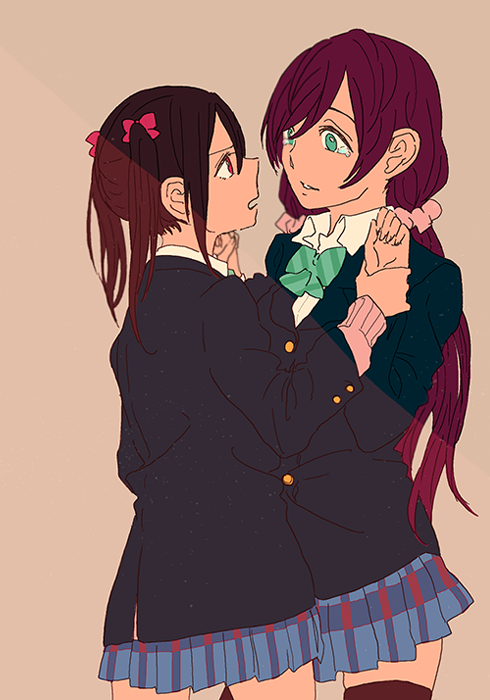 2girls black_hair blazer bow bowtie clenched_hands face-to-face flat_color green_eyes green_neckwear grey_background hair_bow hair_ornament hair_scrunchie hands_up jacket long_hair long_sleeves looking_at_another love_live! love_live!_school_idol_project miniskirt multiple_girls otonokizaka_school_uniform parted_lips pink_bow pink_scrunchie plaid plaid_skirt pleated_skirt purple_hair red_eyes scrunchie shin9tani skirt striped_neckwear tearing_up toujou_nozomi twintails v-shaped_eyebrows wrist_grab yazawa_nico