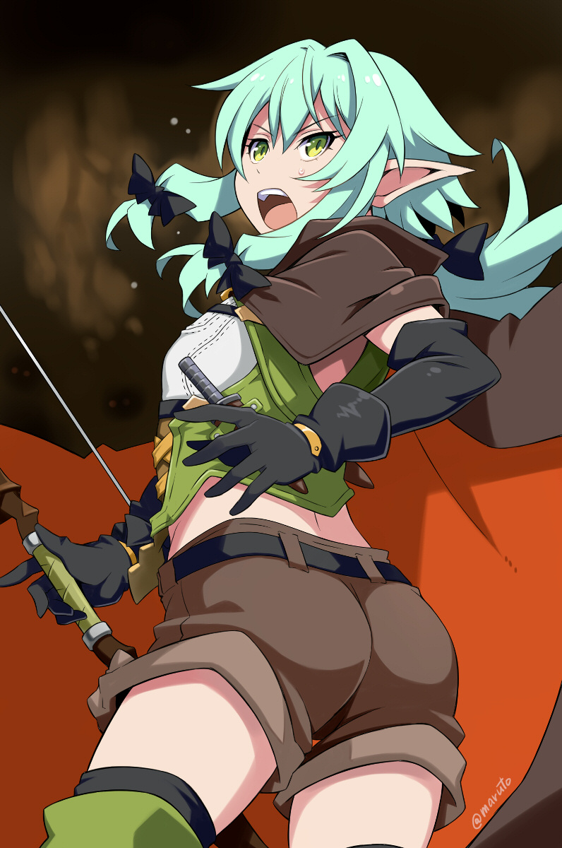 1girl aqua_hair ass black_gloves bow bow_(weapon) brown_shorts cloak dagger elf eyebrows_visible_through_hair from_behind gloves goblin_slayer! green_eyes hair_between_eyes hair_bow high_elf_archer_(goblin_slayer!) highres hood hooded_cloak long_hair looking_at_viewer looking_back maruto! midriff open_mouth pointy_ears shiny shiny_hair shorts solo standing sweat teeth thigh-highs weapon