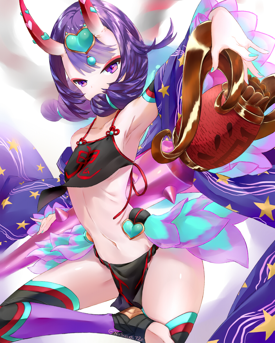 1girl bangs bare_shoulders breasts club collarbone detached_sleeves dudou eyeliner fate/grand_order fate_(series) forehead_jewel fundoshi headpiece highres hips horns japanese_clothes leg_up legs low_twintails makeup navel oni oni_horns pelvic_curtain purple_hair rope rubysp_720 sash short_eyebrows short_hair short_twintails shuten_douji_(fate/grand_order) small_breasts solo spiked_club star star_print thighs toeless_legwear twintails violet_eyes waist weapon white_background