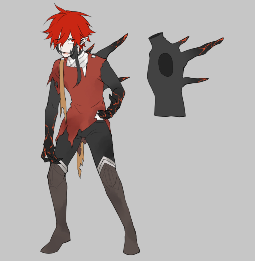 1boy bandage eyebrows_visible_through_hair fangs male_focus molten_rock open_mouth pixiv_fantasia pixiv_fantasia_revenge_of_the_darkness pointy_ears red_eyes redhead shuai simple_background sleeveless torn_clothes