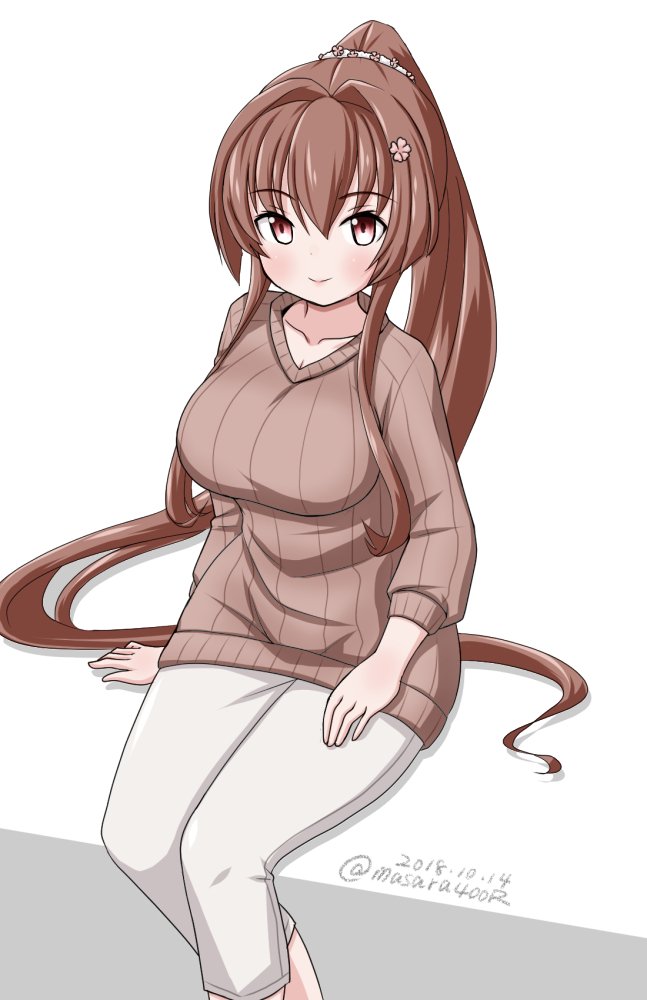 1girl brown_hair brown_sweater cherry_blossoms commentary_request dated feet_out_of_frame flower hair_flower hair_ornament kantai_collection long_hair looking_at_viewer masara_(masalucky2010) pants ponytail ribbed_sweater sitting solo sweater twitter_username white_pants yamato_(kantai_collection)