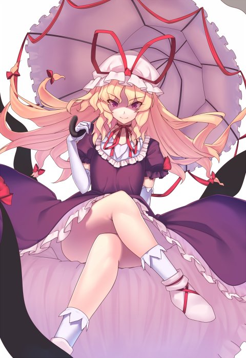 &gt;:) 1girl ass bangs bare_legs blonde_hair bow choker commentary_request cross-laced_footwear dress elbow_gloves feet_out_of_frame frills gap gloves hair_between_eyes hair_bow hand_up hat hat_ribbon holding holding_umbrella kaiza_(rider000) legs_crossed long_hair looking_at_viewer mob_cap petticoat puffy_short_sleeves puffy_sleeves purple_dress red_bow red_choker red_ribbon ribbon ribbon_choker shoes short_sleeves simple_background sitting smile socks solo thighs touhou umbrella v-shaped_eyebrows violet_eyes white_background white_footwear white_gloves white_hat white_legwear yakumo_yukari