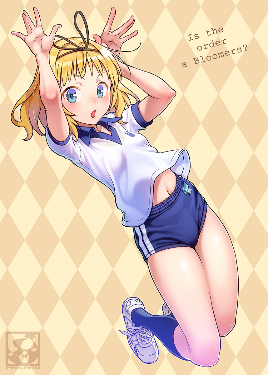 1girl :o argyle argyle_background bangs black_legwear blonde_hair blue_bloomers blue_eyes blush buruma collared_shirt english full_body gochuumon_wa_usagi_desu_ka? gym_uniform hairband highres jumping kirima_sharo kneehighs looking_at_viewer navel pairan shirt shoes short_hair short_sleeves sneakers white_shirt