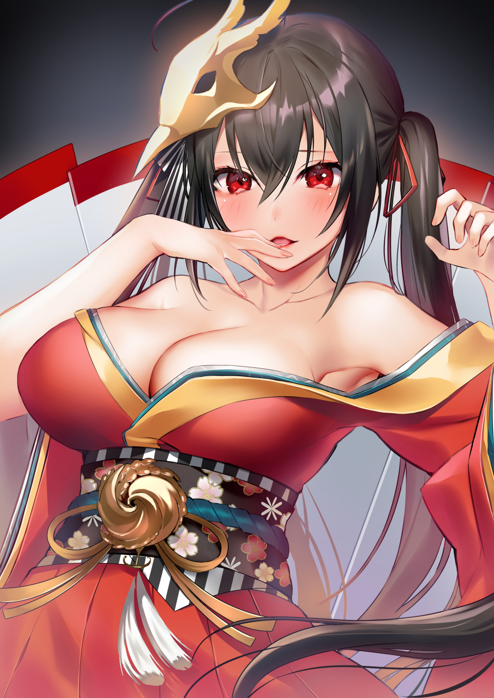 1girl ahoge azur_lane bangs bare_shoulders black_hair blush breasts cleavage collarbone eyebrows_visible_through_hair finger_to_mouth hair_between_eyes hair_ribbon highres japanese_clothes kimono large_breasts long_hair looking_at_viewer mask mask_on_head obi off_shoulder open_mouth red_eyes red_kimono red_ribbon ribbon rigging sash shirako_sei smile solo striped striped_ribbon taihou_(azur_lane) tassel twintails very_long_hair wide_sleeves