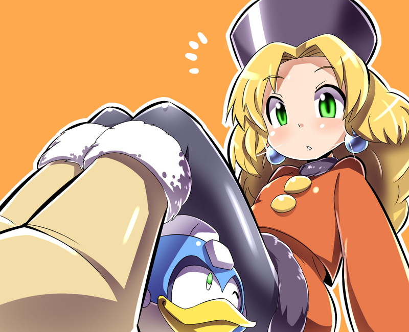 1girl blonde_hair breasts commentary_request dress earrings full_body fur_hat green_eyes hat jewelry kalinka_cossack long_hair pantyhose popporunga robot rockman rockman_xover simple_background solo