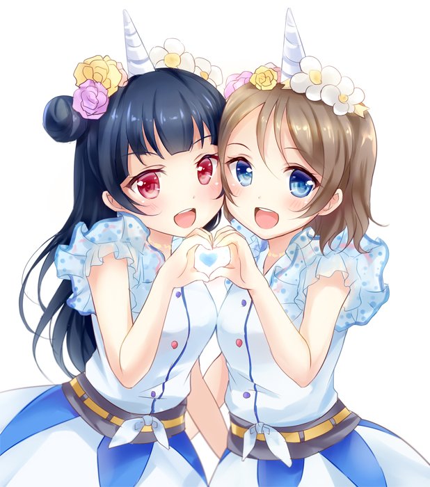 2girls :d bangs blue_eyes blue_hair blush commentary_request flower frilled_sleeves frills grey_hair head_wreath heart heart_hands heart_hands_duo horn long_hair looking_at_viewer love_live! love_live!_sunshine!! multiple_girls nikoo open_mouth pink_flower red_eyes round_teeth shirt short_hair side_bun simple_background skirt smile teeth tied_shirt tsushima_yoshiko upper_teeth watanabe_you white_background white_flower yellow_flower