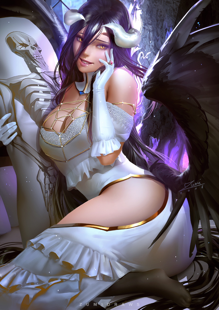 1girl ainz_ooal_gown albedo banned_artist bare_shoulders bed black_feathers black_hair black_legwear black_wings body_pillow breasts cleavage commentary dakimakura_(object) demon_girl demon_horns demon_wings detached_collar dress english_commentary feathered_wings feathers finger_to_cheek gloves hair_between_eyes hip_vent hips holding holding_pillow horns jewelry large_breasts low_wings lying necklace on_side overlord_(maruyama) parted_lips pillow pink_lips red_eyes ring sitting skeleton skull smile white_dress white_gloves wings yellow_eyes zumi_(zumidraws)