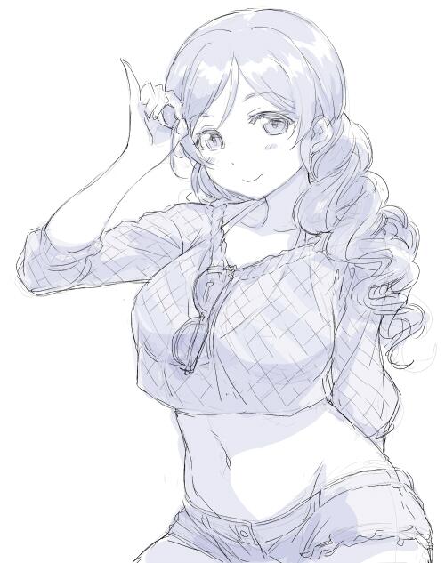 1girl alternate_hairstyle bra_strap collarbone commentary_request crop_top curly_hair deyuuku eyewear_hang greyscale groin halterneck long_hair long_sleeves looking_at_viewer love_live! love_live!_school_idol_project midriff monochrome navel pinky_out short_shorts shorts simple_background sketch smile solo sunglasses toujou_nozomi white_background