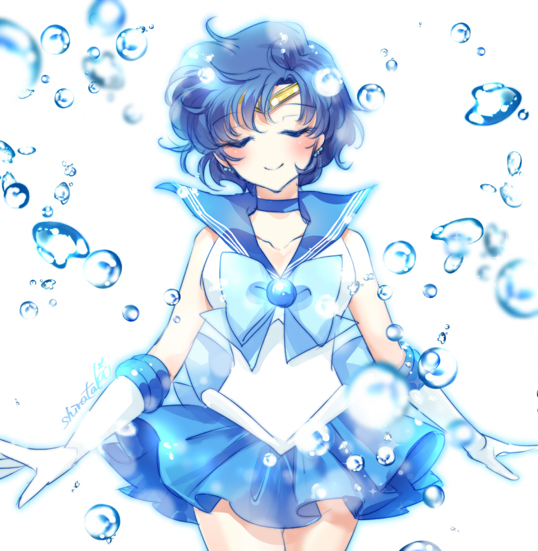 1girl bishoujo_senshi_sailor_moon blue_bow blue_hair blue_skirt blush bow bowtie bubble choker closed_eyes collarbone cowboy_shot earrings elbow_gloves gloves head_tilt headpiece jewelry miniskirt pleated_skirt sailor_collar sailor_mercury shirataki_kaiseki shirt short_hair signature skirt sleeveless sleeveless_shirt smile solo standing white_background white_gloves white_shirt