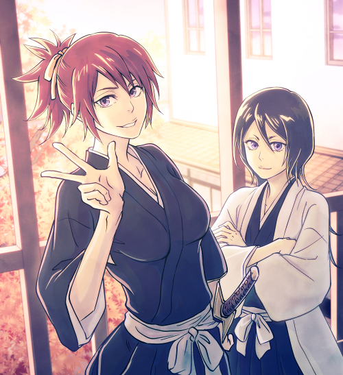 1boy 1girl abarai_ichika black_hair black_kimono bleach breasts brown_eyes brown_hair cleavage crossed_arms grin hair_between_eyes haori japanese_clothes kawana_h kimono kuchiki_rukia looking_at_viewer medium_breasts older outdoors sheath sheathed shiny shiny_hair short_ponytail smile standing sword violet_eyes w weapon