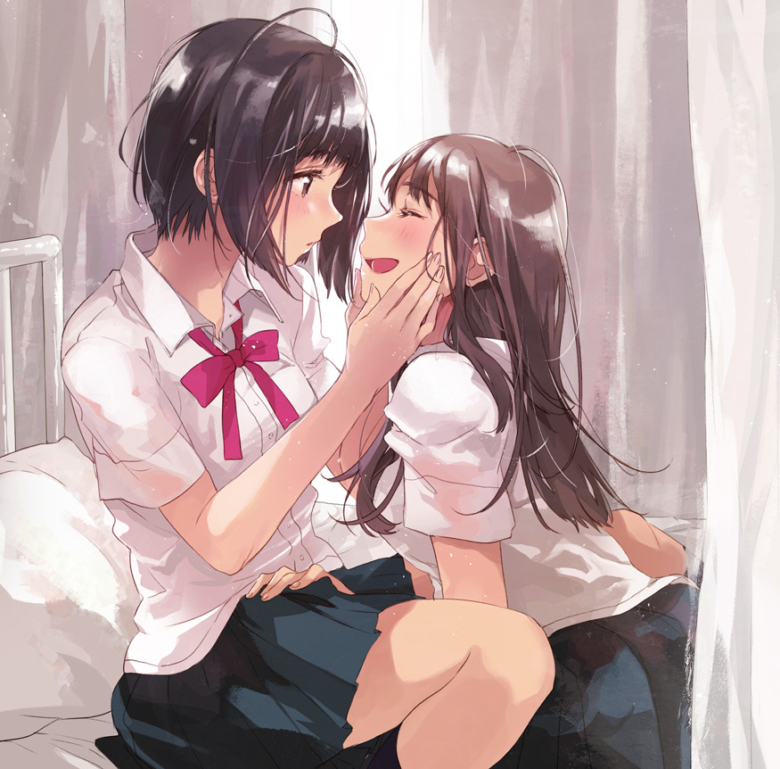 2girls :d ^_^ ahoge black_hair blush bow brown_hair closed_eyes closed_eyes cover_image dress_shirt fly_(marguerite) from_side hands_on_another's_cheeks hands_on_another's_face infirmary kneehighs long_hair multiple_girls navy_blue_skirt open_mouth original pleated_skirt profile red_bow red_neckwear red_ribbon ribbon shirt short_hair short_sleeves sitting skirt smile white_shirt yuri