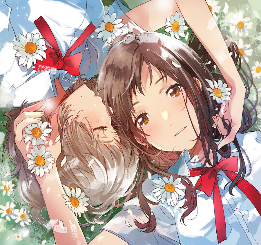 2girls blush bow brown_eyes brown_hair closed_eyes dress_shirt flower fly_(marguerite) holding holding_another's_hair holding_flower light_brown_hair mole mole_under_mouth multiple_girls original parted_lips petals red_bow red_neckwear red_ribbon ribbon school_uniform shirt white_shirt yuri