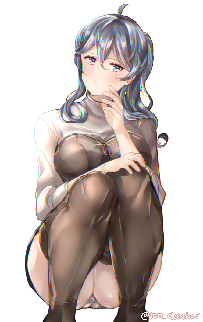 1girl blue_eyes blue_hair blush boots breasts brown_footwear closed_mouth dress eyebrows_visible_through_hair gotland_(kantai_collection) hair_between_eyes juurouta kantai_collection large_breasts long_hair long_sleeves mole mole_under_eye panties remodel_(kantai_collection) short_dress simple_background sitting solo thigh-highs thigh_boots twitter_username underwear white_background white_panties