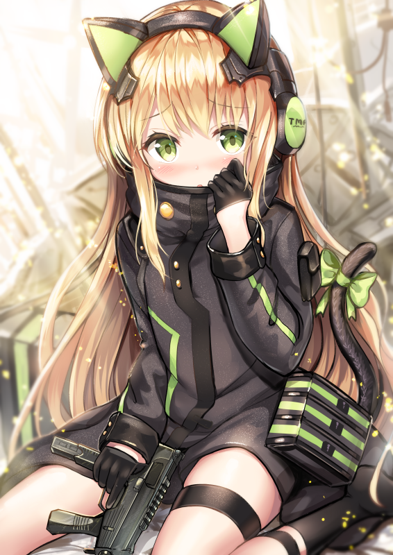 1girl animal_ears bangs black_gloves black_legwear blonde_hair blush cat_ears cat_tail commentary_request embarrassed fake_animal_ears girls_frontline gloves gun hair_between_eyes headphones holding holding_weapon long_hair looking_at_viewer open_mouth ribbon sakura_ani sitting solo tail tail_ribbon thigh_strap tmp_(girls_frontline) weapon