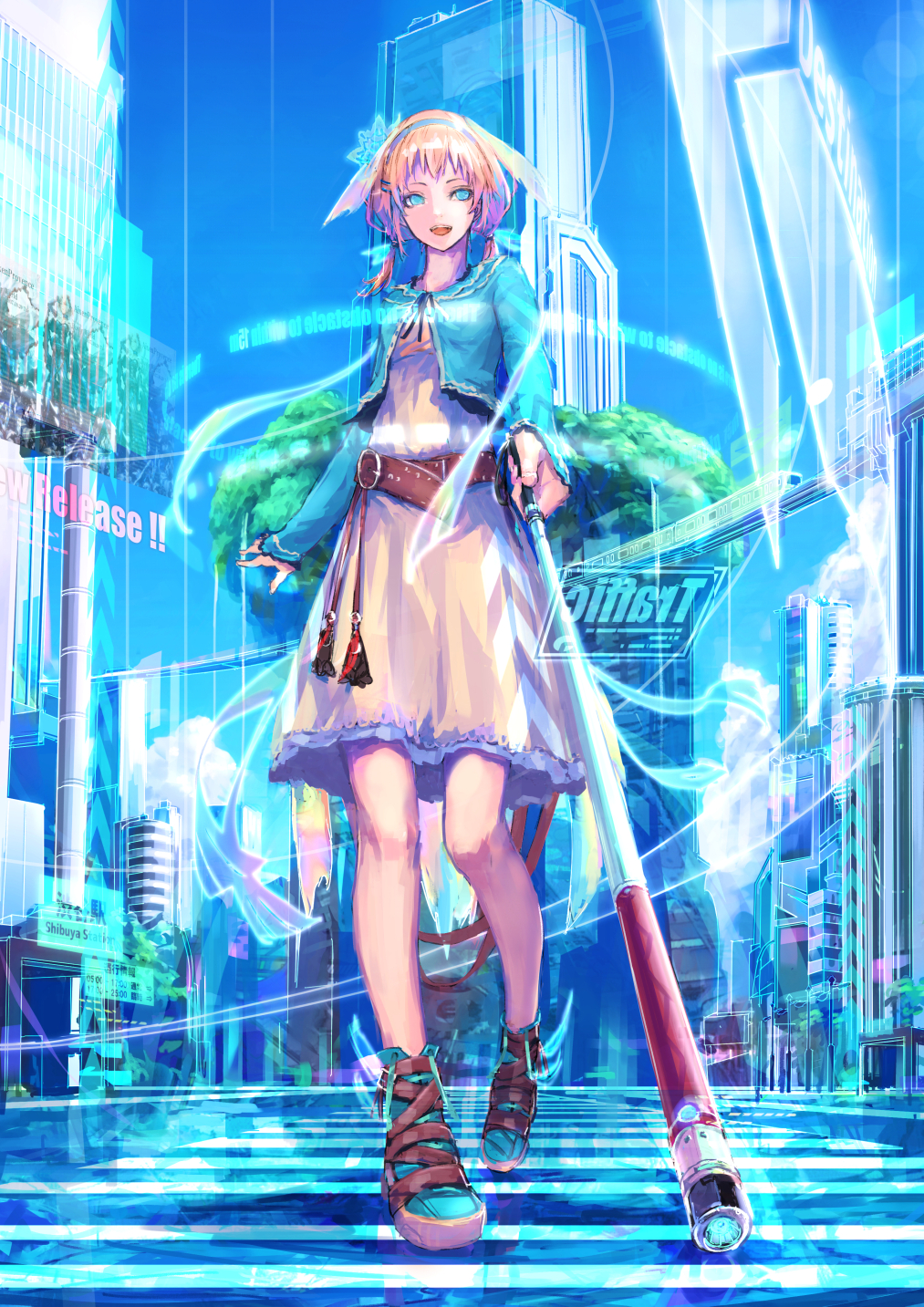 1girl belt blind blonde_hair blue blue_eyes blue_jacket blue_sky building city clouds cropped_jacket crosswalk day dress english hairband highres hologram holographic_interface jacket long_hair looking_at_viewer low_twintails monorail nina_(ninageya) no_pupils original science_fiction shibuya_(tokyo) sky skyscraper solo tassel tree twintails white_cane white_dress
