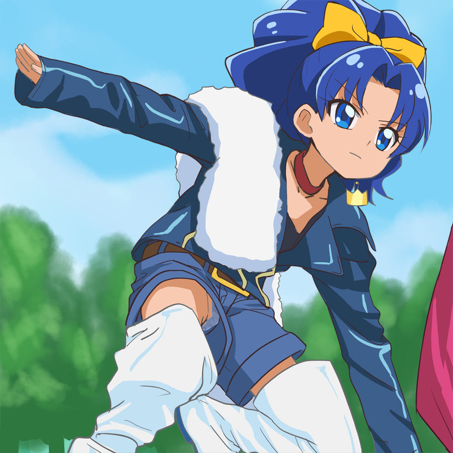 1girl arm_support blue_eyes blue_hair blue_panties blue_shorts blue_sky bow choker clouds day earrings eyebrows_visible_through_hair hair_bow haruyama_kazunori jewelry kirakira_precure_a_la_mode long_sleeves looking_away panties ponytail precure red_choker short_hair shorts sky sleeves_past_wrists solo tategami_aoi thigh-highs underwear white_legwear yellow_bow