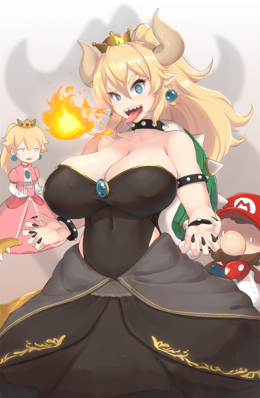 1boy 2girls bare_shoulders black_leotard black_nails black_skirt blue_earrings bowsette breast_envy breasts breathing_fire brooch choker commentary constricted_pupils covered_navel dress elbow_gloves english_commentary facial_hair fingernails fire gloves highleg highleg_leotard highres horns huge_breasts impossible_clothes impossible_leotard jewelry leotard leotard_under_clothes long_hair long_skirt magister_(medical_whiskey) mario super_mario_bros. multiple_girls mushroom mustache nail_polish new_super_mario_bros._u_deluxe nintendo pink_dress pointy_ears ponytail princess_peach saliva sharp_fingernails sharp_teeth skirt solo_focus spiked_armlet spiked_choker spiked_shell spiked_tail spikes strapless strapless_leotard super_crown super_mario_bros. teeth tongue tongue_out turtle_shell white_gloves